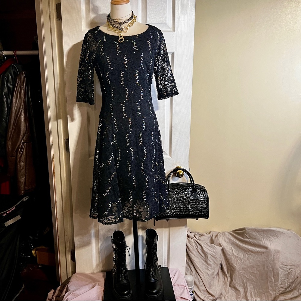Rabbit Designs Wms Lace Mesh Sequin  Whimsigoth Fairy Grunge Midi Dress Black 12